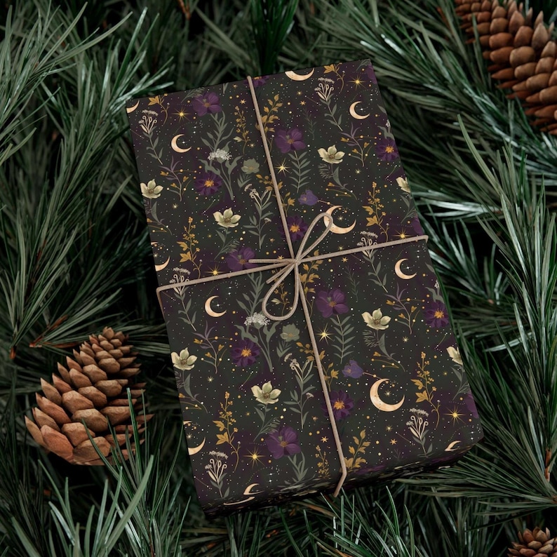 Celestial Floral Wrapping Paper | Moon and Stars Gift Wrap | Witchy Botanical Packaging | Occult Wrapping Paper image 9