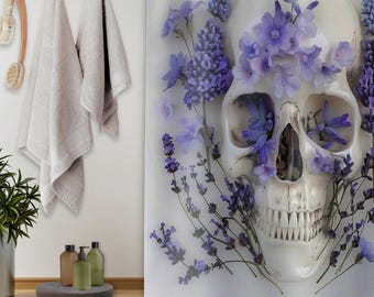 Elegante cortina de ducha con calavera floral, decoración gótica para baño, arte bohemio, decoración pastel de Halloween, decoración de baño chic y espeluznante.