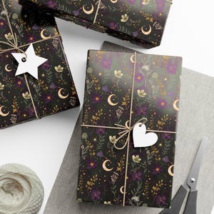 Celestial Floral Wrapping Paper | Moon and Stars Gift Wrap | Witchy Botanical Packaging | Occult Wrapping Paper image 7