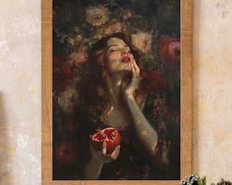 May include: A painting of a woman with long brown hair, wearing a dark dress, holding a red pomegranate. She is surrounded by flowers and greenery.