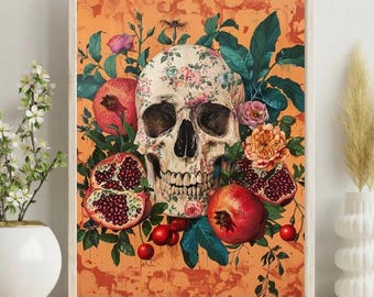 Gotische bloemenposter met schedel en granaatappel | Botanische mythologie kunst aan de muur | Persephone en Hades-decor | Donkere romantische bohokunst voor in huis