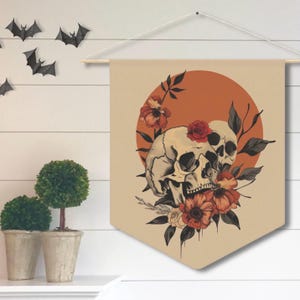 Gothic Skull & Floral Pennant | Boho Macabre Wall Hanging | Dark Academia Decor | Vintage Style Botanical Skull Art | Halloween Wall Art