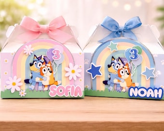 Bluey Birthday Favor Box,Banner Flag, Bluey Cake topper, Personalized Bluey Party Favor and Chips Bags, Bluey Theme Party Supplies