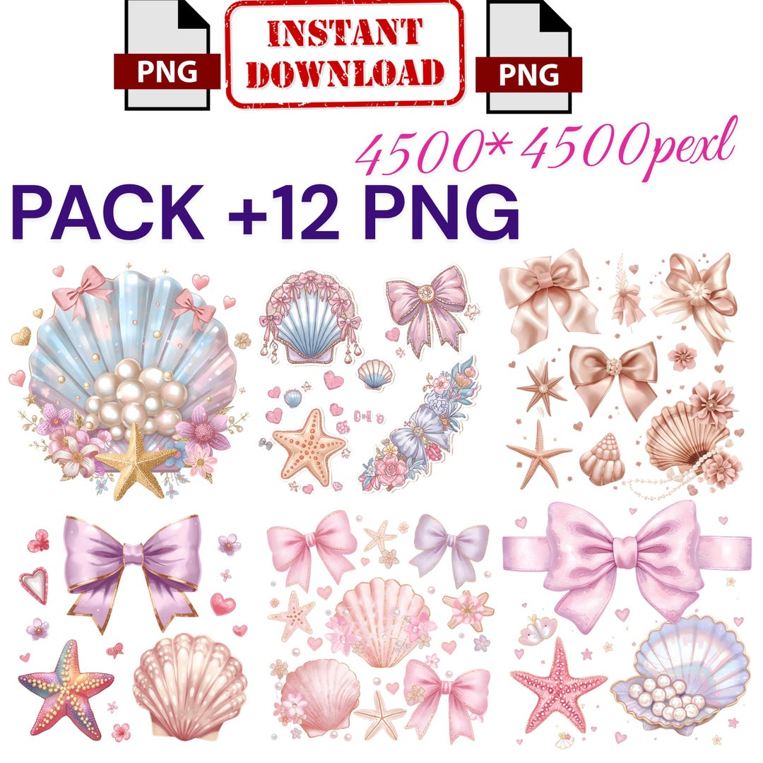 Coquette Beach PNG Bundle – Seashells, Bows & Starfish Clipart | 12 PNG ...