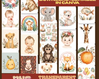 Imágenes prediseñadas PNG de animales bebés en acuarela: diseños bohemios para guarderías en formato PNG digital.