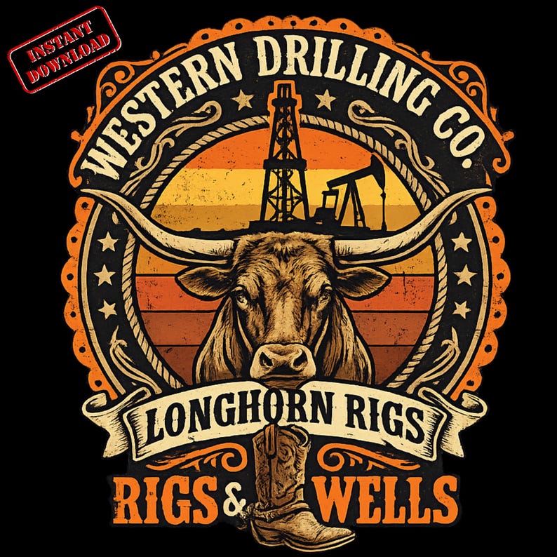 Derricks Text Texas Oil Cattle Logo PNG – Western Cowboy Ranch Design (instant ...