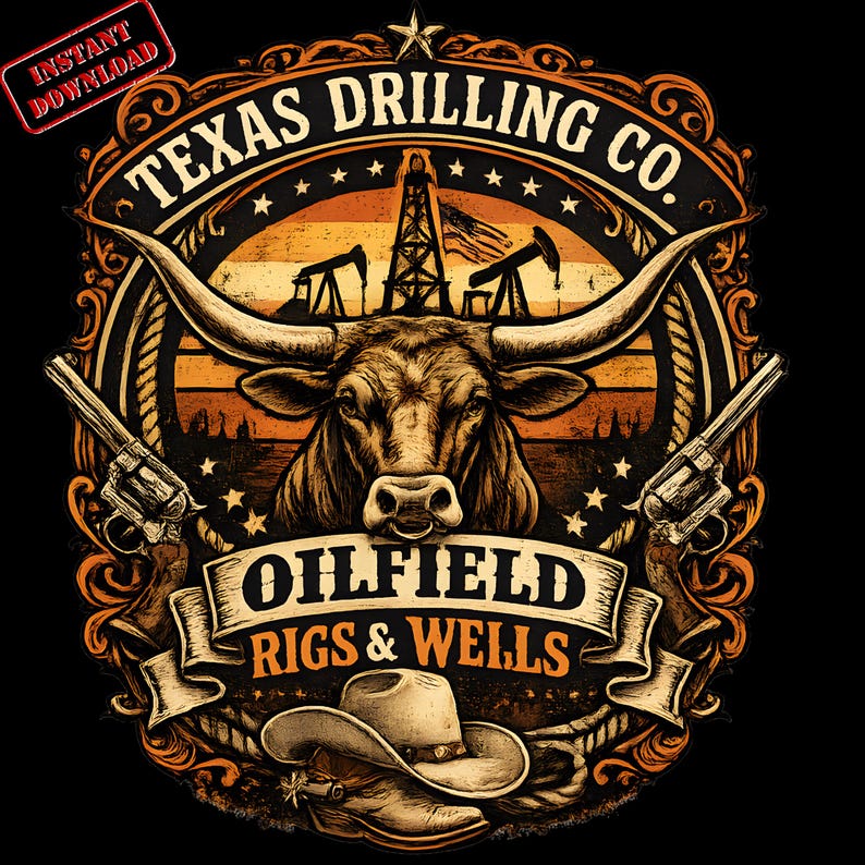 Derricks Text Texas Oil Cattle Logo PNG – Western Cowboy Ranch Design (instant ...