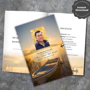 Lake and Fishing Memorial Program Template | Fishing Memorial Folder | Celebration of Life, Outdoor Theme, Editable, Printable Template