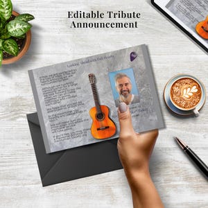 Anuncio conmemorativo de guitarra / Aviso de fallecimiento en celebración de la vida / Plantilla de funeral editable en Canva / Notificación digital de pérdida