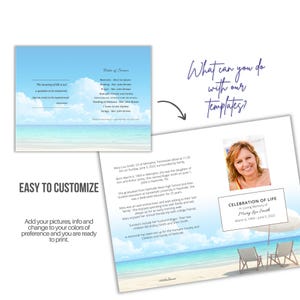 May include: A customizable template for a celebration of life memorial with a beach scene, two chairs, and an umbrella. The text reads "Celebration of Life in Loving Memory of Mary Lou Smith, March 6, 1969 - June 5, 2022".
