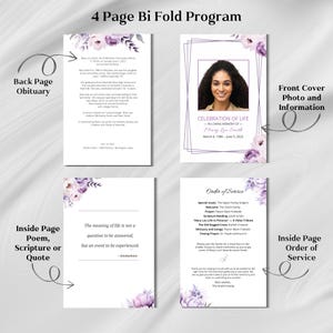 Puede incluir: Un programa de cuatro páginas con doblez en forma de bi-fold y un diseño floral morado. La página frontal presenta una foto de una mujer y el texto "Celebración de la vida - En memoria cariñosa de - Mary Lou Smith". La página posterior incluye un obituario. Las páginas interiores incluyen un poema, una escritura o una cita y un orden del servicio.