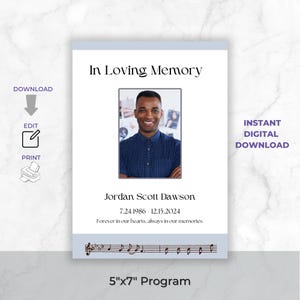 May include: A printable memorial programme template in blue and grey with a photo of a man. The text reads "In Loving Memory", "Jordan Scott Dawson", "7.24.1986-12.15.2024", "Forever in our hearts, always in our memories." and "5"x7" Programme".