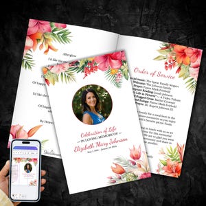 Puede incluir: Un programa de servicio conmemorativo con detalles florales y el texto "Celebración de la vida - En memoria de - Elizabeth Mary Johnson." El programa incluye una foto de una mujer y el orden del servicio.