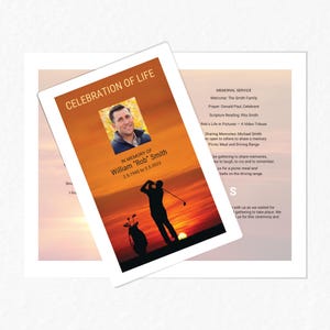 May include: A memorial service program with a sunset background and a silhouette of a golfer. The program includes the name William "Rob" Smith, the dates 2.5.1945 to 3.5.2023, and the words "Celebration of Life".