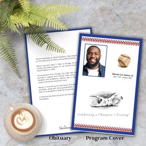 Peut inclure: Une couverture de programme sur le thème du baseball, de couleur bleue et rouge avec une bordure blanche. La couverture présente une illustration en noir et blanc d'un joueur de baseball glissant vers le marbre. Le texte "Celebrating a Champion's Journey!" est imprimé en blanc au bas de la couverture. Le texte "Programme Cover" est imprimé en noir au bas de la couverture.