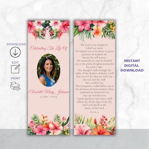 May include: A memorial bookmark featuring a photo of Elizabeth Mary Johnson, with floral accents in pink and red. The text reads "Celebrating The Life Of" and includes dates. The reverse side features a Psalm.
