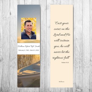 May include: A bookmark with a photo of a man and a quote from Psalms 55:22. The quote reads "Cast your cares on the Lord and He will sustain you; he will never let the righteous fall".