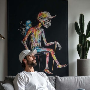 Colorful Skeleton Art Print,Skeleton Painting, Day of the Dead Decor,Halloween Wall Art, Gothic Skeleton Canvas, Gift Idea,Modern Home Decor