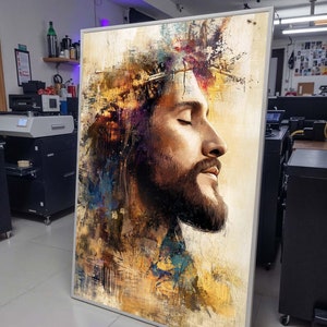 Arte astratta di Gesù Cristo con corona di spine - Decorazione murale cristiana vibrante per l&#39;ispirazione, tela moderna con luce divina, regalo cristiano
