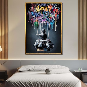 Graffitiballonkunst, grillig straatkunstdecor, kleurrijk schilderij heteluchtballon, stedelijk hedendaags canvas, speelse moderne muurkunst