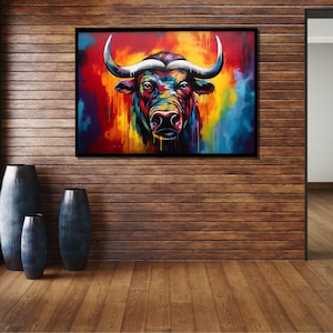 Vibrant Bull Canvas Art, Colorful Animal Portrait, Abstract Bull Painting, Bold Graffiti Wall Decor, Modern Wildlife Art, Large Wall Art
