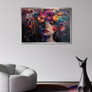 Floral Dream Portrait Canvas, Colorful Flower Art, Abstract Face Wall Art, Flower Art Print, Vibrant Floral Wall Decor, Ready to Hang