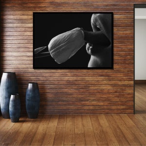 Close-Up Lips with Rose Bud - Artistic Black & White Photography, Sensual Wall Decor for Bedroom or Studio,Sexy Canvas, Bedroom Wall Art