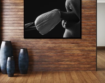Close-Up Lips with Rose Bud - Artistic Black & White Photography, Sensual Wall Decor for Bedroom or Studio,Sexy Canvas, Bedroom Wall Art