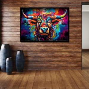 Vibrant Bull Canvas Art, Colorful Animal Portrait, Abstract Bull Painting, Bold Graffiti Wall Decor, Modern Wildlife Art, Large Wall Art