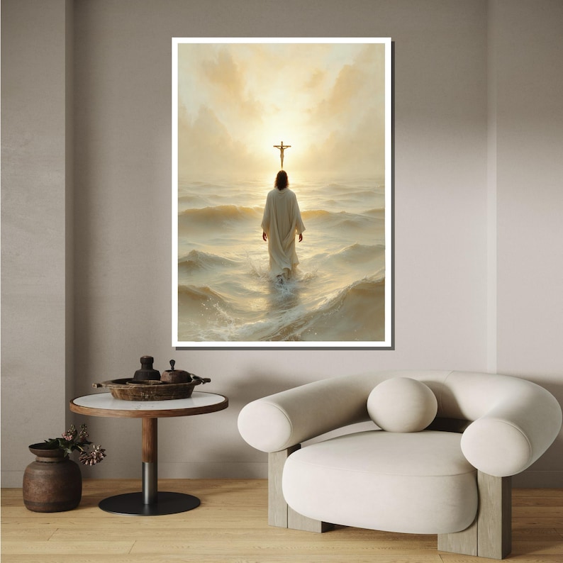 May include: A painting of a man walking on water towards a cross in the sky. The man is wearing a white robe and the water is a light blue color. The sky is a light blue color with clouds.
