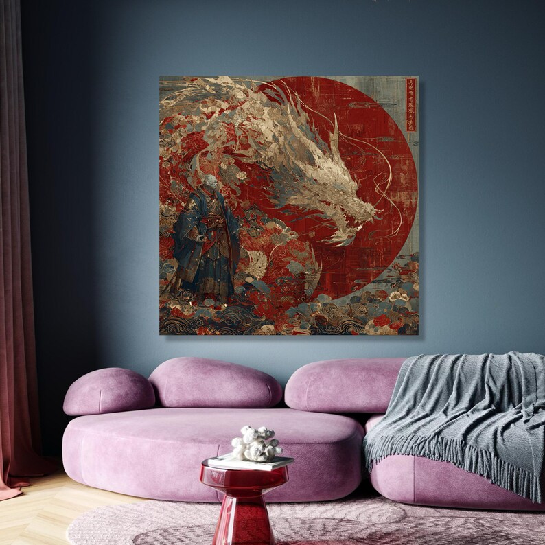 Majestic Dragon with Samurai Warrior Canvas, Japanese Mythical Wall Art, Eastern Fantasy wall decoration, canvas print, wall art image 2