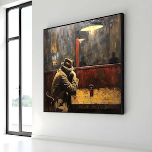 Lonely Night in Cafe Canvas, Vintage Noir Wall Art, Moody Man in Hat Painting, Retro Urban Bar Scene, Ready to Hang Canvas, Large Art