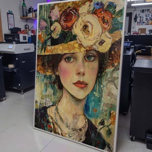 Vintage Floral Hat Portrait Canvas, Romantic Woman Wall Art, Flower Adorned Hat Painting, Feminine Bohemian Decor, Ready to Hang