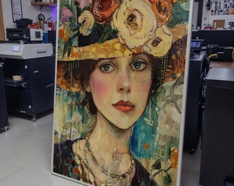 Lienzo con retrato de sombrero floral vintage, arte de pared romántico de mujer, pintura de sombrero adornado con flores, decoración bohemia femenina, listo para colgar