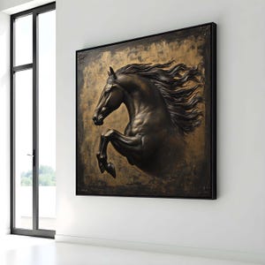Bronze Hengst Leinwand, majestätisches Pferd in Bewegung, Luxus-Pferdewandkunst, elegantes Tierdekor, Luxustierkunstwerk, fertig zum Aufhängen