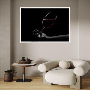 Elegante Weinglas Kunst, Rotwein Wanddekoration, minimalistische Wein Leinwand, moderne Wandkunst, fertig zum Aufhängen, große Wandkunst, Küchenkunst