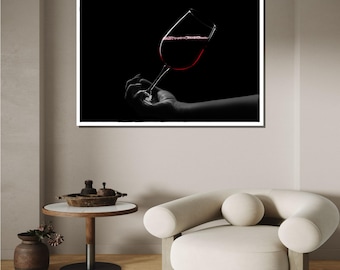 Elegant vinglaskonst, väggdekoration med rött vin, minimalistisk vincanvas, modern väggkonst, redo att hängas, stor väggkonst, kökskonst