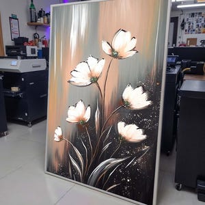 Elegant White Floral Canvas, Modern Flower Art, Minimalist Bloom Painting, Wall Art Decor, Pastel Flower Artwork,Ready to Hang Canvas
