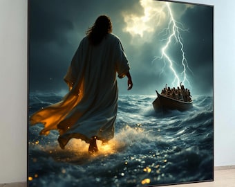May include: A framed artwork depicts a figure in a flowing robe walking on water towards a boat in a stormy sea. A bright lightning bolt illuminates the dark sky. The artwork is framed in a black border.