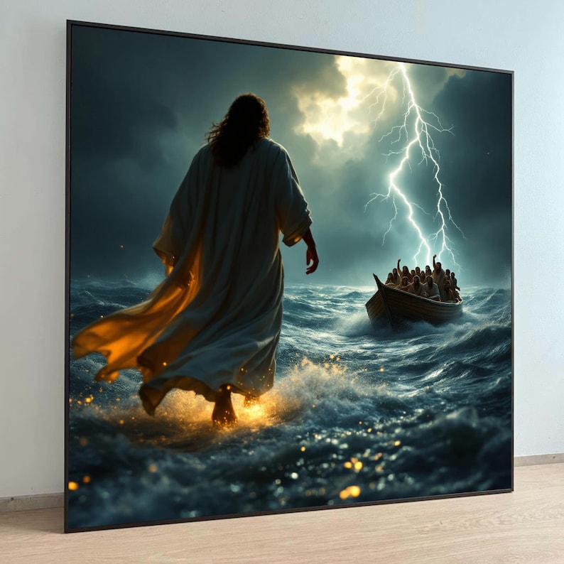 Walking on Water Canvas Wall Art, Jesus Christ Miracle Scene, Stormy ...