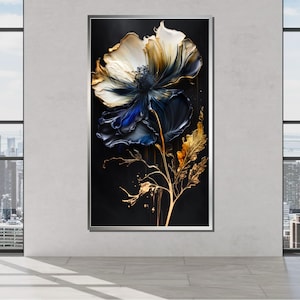 Elegant Gold and Blue Floral Canvas Art, Luxurious Flower Wall Decor, Modern Botanical Painting, Metallic Bloom Artwork, Floral Print