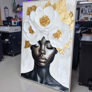 Golden Bloom Portrait, Black Woman with Floral Headpiece, Woman Canvas Art, Elegant African Beauty, Ready to Hang Wall Art
