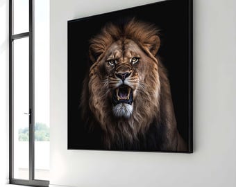 Fierce Lion Portrait Canvas, Powerful Animal Wall Art, Majestic Wild Lion Print, Bold Lion Decor, Ready to Hang, Large Wall Art