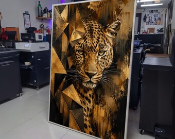 Majestic Leopard Portrait Canvas Wall Art, Geometric Animal Design, Golden Brown Wildlife Canvas, wall decoration, canvas print, wall art