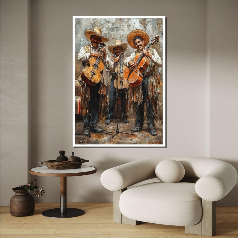 May include: Three men in sombreros playing string instruments. The men are standing in front of a brick wall and are holding their instruments in a traditional Mexican style. The instruments are a violin, a cello, and a guitar.