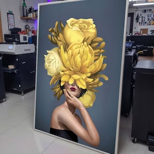 Yellow Rose Woman Canvas, Floral Head Art,Surreal Woman with Flowers,Botanical Wall Decor,Elegant Feminine Canvas,Unique Floral Art Gift
