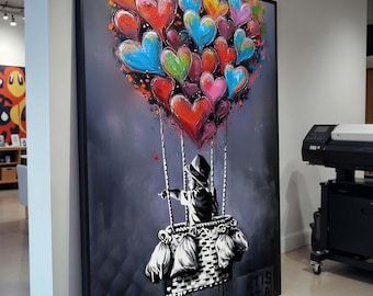 Banksy Hot Air Balloon Graffiti, Colorful Street Art, Urban