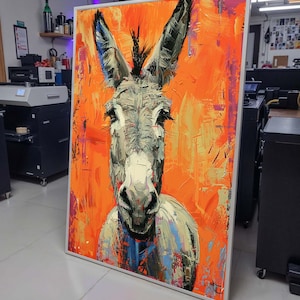 May include: A painting of a donkey against a bright orange background. The donkey is looking directly at the viewer with a curious expression. The painting is done in a thick, impasto style, with visible brushstrokes.