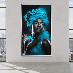 Blue Essence Portrait Canvas, Afrocentric Woman Wall Art, Ethereal Turbaned Lady Art, Modern Afro Beauty Decor, Ready to Hang Canvas