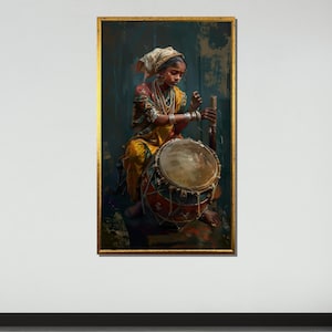 Traditional Drummer Girl Canvas, Indian Folk Art Print, Cultural Portrait, Ethnic Music Wall Art, Vibrant Traditional Decor, Ready to Hang